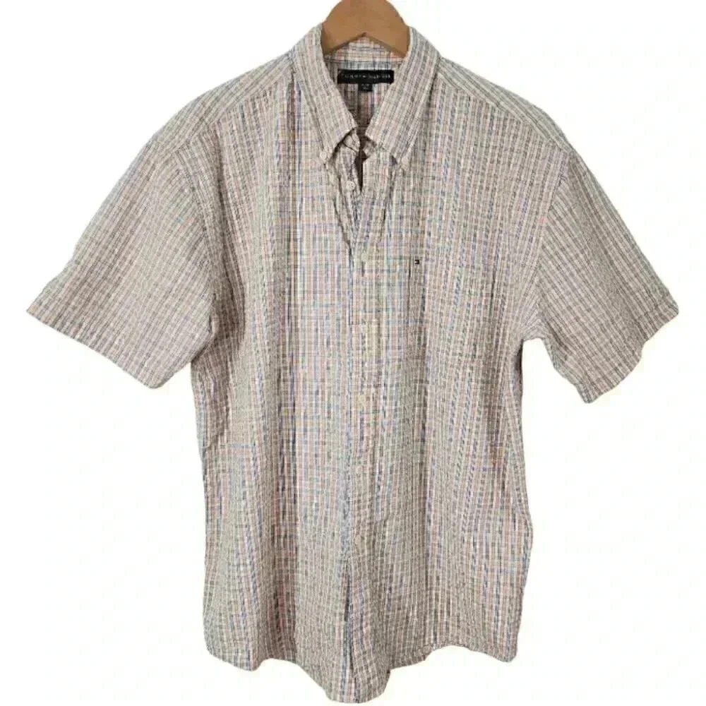 💥   Hilfiger Short Sleeve Textured Button down Casual Shirt Men's XL